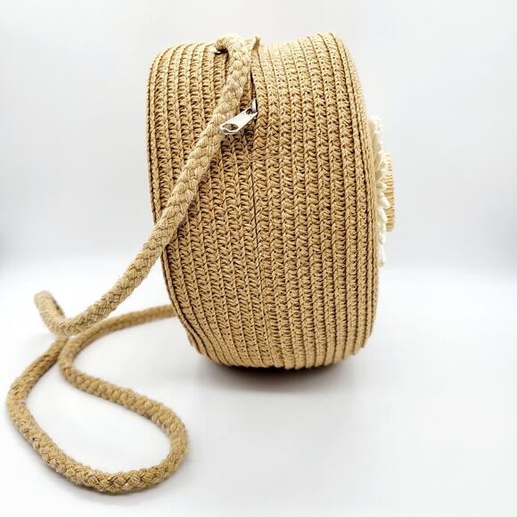 Floral Daisy Circular Rattan Woven Zip Closure Crossbody Shoulder Bag Unbranded - Picture 2 of 10